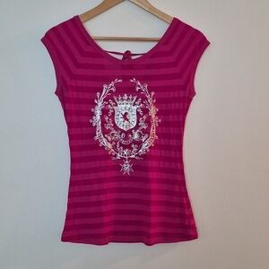 Express Y2K Going Out Top V Back Tie Metalic Rhinestone Embellished Fushia